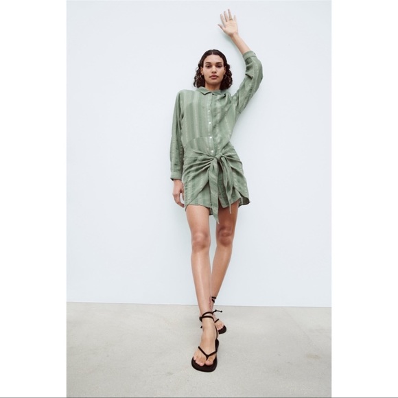 zara green linen shirt dress Zara Green Linen Blend Shirt Dress with Pockets Size M